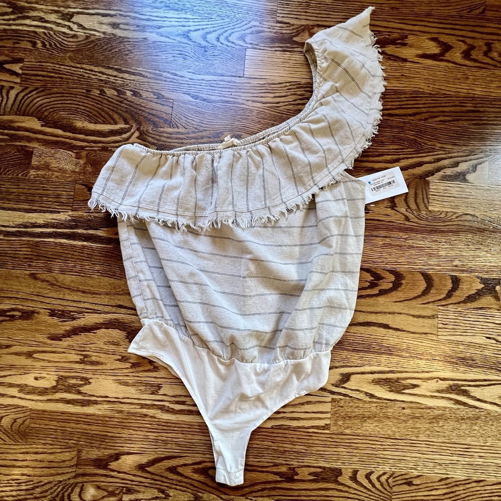 NWT Promesa Asymmetrical One Shoulder Bodysuit Linen Blend Striped Coastal Sz L